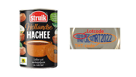 Verkeerd etiket op blikken Hollandse Hachee van Struik