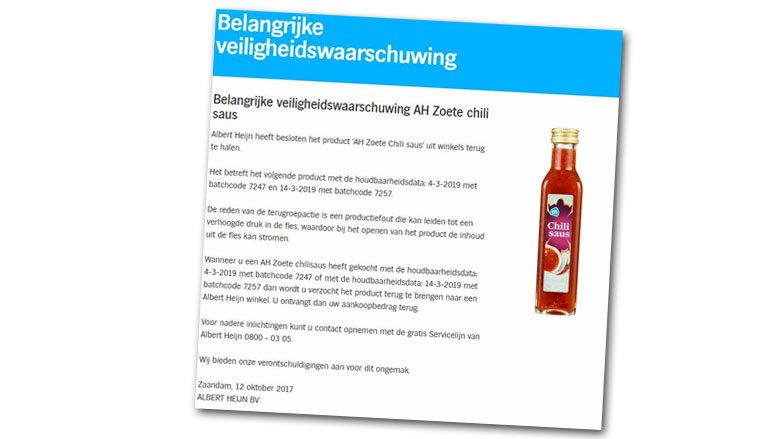 Albert Heijn roept Zoete Chilisaus terug van eigen merk