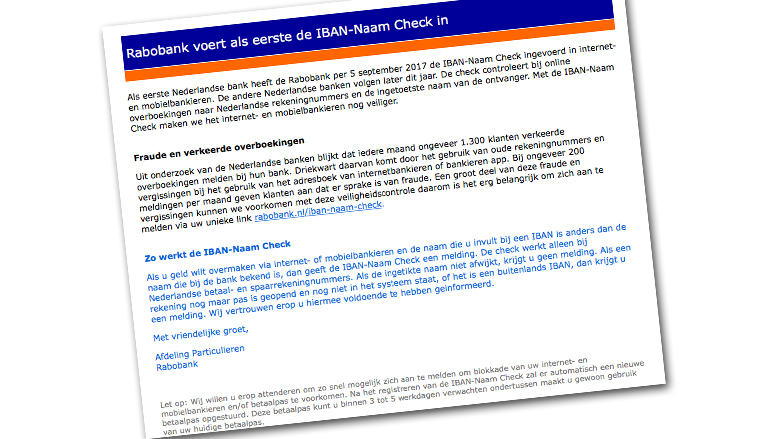 Mail over 'naamcheck bij Rabobank' is vals!