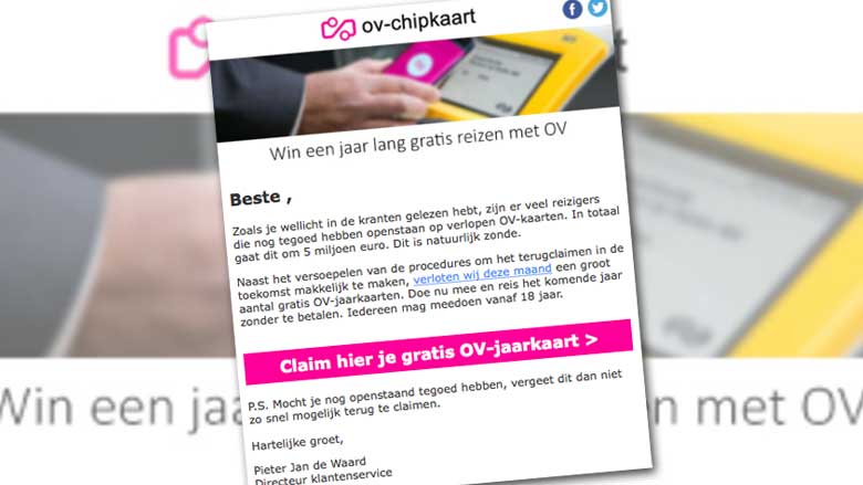 Waarschuwing: mail 'Win een jaar lang gratis reizen met OV' is vals