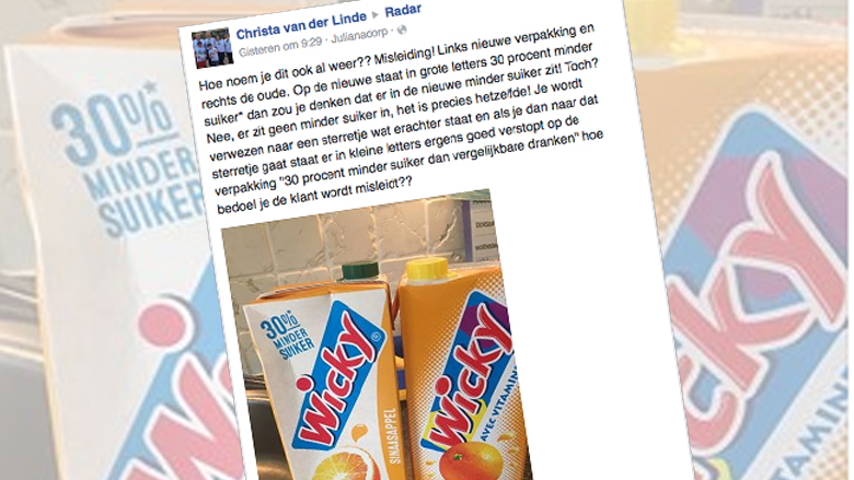 Wicky past misleidende 'minder suiker'-claim aan