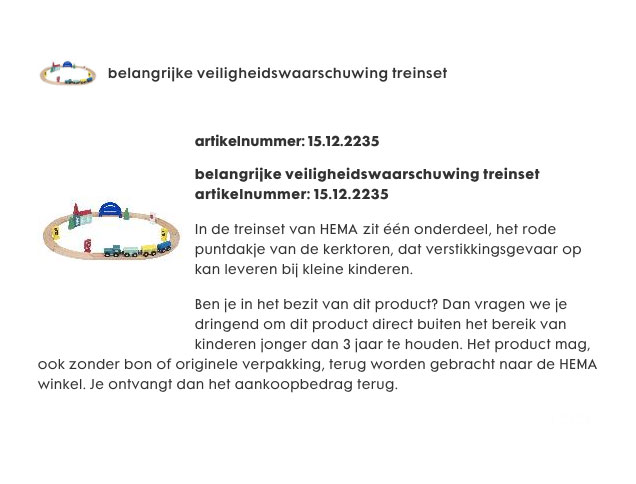 Treinset van HEMA uit voorzorg teruggeroepen
